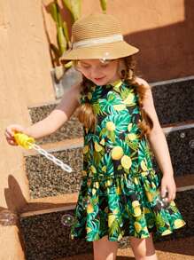 SHEIN 小女童熱帶圖案荷葉邊連衣裙 - 彩色 - 查看 1