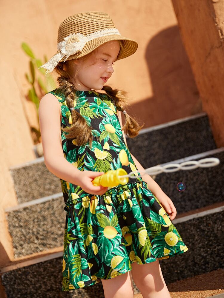 SHEIN Đầm bé gái viền lá sen Viên lá sen Dây kéo Nhiệt đới Rau quả Boho - Nhiều màu - Xem 7