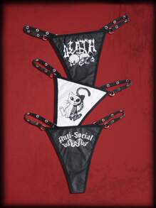Sun Press Studio Grunge Punk 3pack Letter Skull Graphic Panty Set - Black and White - View 1