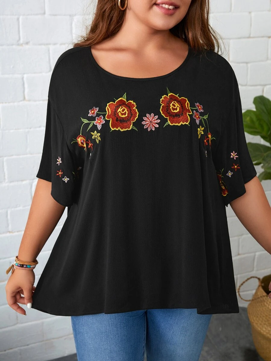 EMERY ROSE Plus Floral Print Drop Shoulder Blouse - Black - View 1