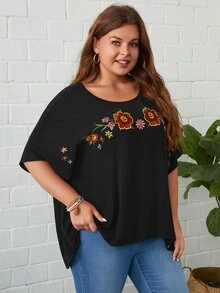 EMERY ROSE Plus Floral Print Drop Shoulder Blouse - Black - View 3