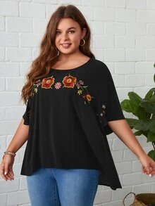 EMERY ROSE Plus Floral Print Drop Shoulder Blouse - Black - View 4