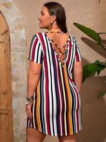 EMERY ROSE Plus Size Short Sleeves Mother Day Dress With Blue Feather Pattern, Cross Straps On Back, Summer