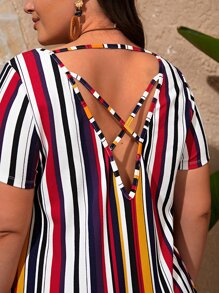 EMERY ROSE Plus Size Short Sleeves Mother Day Dress With Blue Feather Pattern, Cross Straps On Back, Summer
