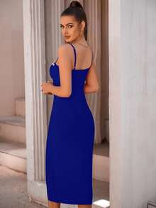 ADYCE Rhinestone Beaded Backless Split Thigh Cami Bodycon Party Bandage Dress - Blue - View 2