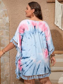 SHEIN VCAY Plus Tie Dye Tassel Trim Batwing Sleeve Cover Up - Multicolor - View 2