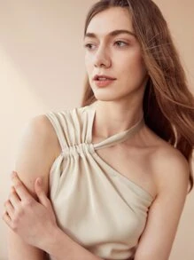 MOTF PREMIUM Đầm Xa ten Bất đối xứng Một bờ vai - Màu be - Xem 3