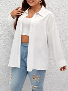 SHEIN Frenchy Plus Solid Drop Shoulder Button Front Shirt - White - View 3