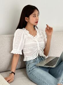 DAZY 網眼刺繡前抽繩泡泡袖荷葉邊襯衫 - 白色 - 查看 4