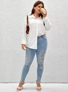 SHEIN Frenchy Plus Solid Drop Shoulder Button Front Shirt - White - View 5