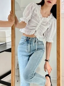DAZY 網眼刺繡前抽繩泡泡袖荷葉邊襯衫 - 白色 - 查看 7