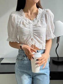 DAZY 網眼刺繡前抽繩泡泡袖荷葉邊襯衫 - 白色 - 查看 8