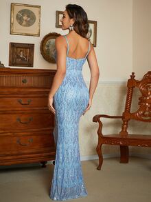 Missord Mesh Insert Mermaid Hem Sequin Formal Dress - Baby Blue - View 2