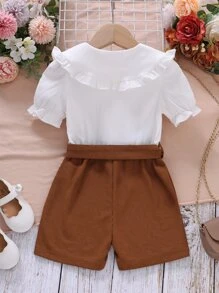 SHEIN 小女童花卉刺繡褶邊連身短褲 - 彩色 - 查看 2