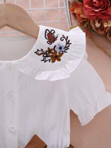 SHEIN 小女童花卉刺繡褶邊連身短褲 - 彩色 - 查看 3