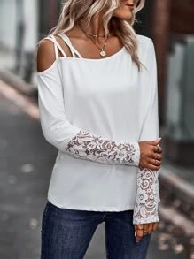SHEIN LUNE Áo thun nữ Tương phản ren màu trơn Thanh lịch - trắng - Xem 5