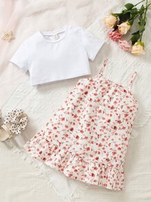 Toddler Girls Ditsy Floral Print Ruffle Hem Cami Dress & Tee - Multicolor - View 3