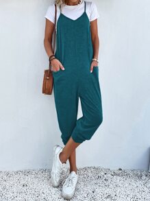 SHEIN LUNE Dual Pocket Keyhole Back Cami Jumpsuit Without Tee - Teal Blue - View 4