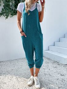 SHEIN LUNE Dual Pocket Keyhole Back Cami Jumpsuit Without Tee - Teal Blue - View 5