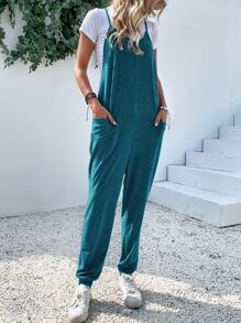 SHEIN LUNE Dual Pocket Keyhole Back Cami Jumpsuit Without Tee - Teal Blue - View 6