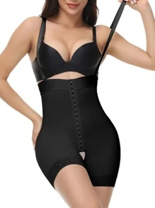 Contrast Lace Buckle Shapewear Bodysuit Without Liner - Black - View 4