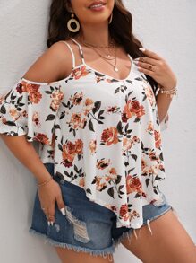 SHEIN VCAY Plus Floral Print Cold Shoulder Curved Hem Tee