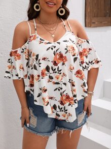 SHEIN VCAY Plus Floral Print Cold Shoulder Curved Hem Tee