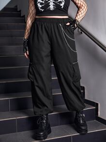 ROMWE Grunge Punk Pantalones cargo con diseño de cadena con bolsillo con cremallera lado - Negro - Ver 1