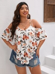 SHEIN VCAY Plus Floral Print Cold Shoulder Curved Hem Tee