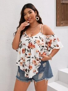 SHEIN VCAY Plus Floral Print Cold Shoulder Curved Hem Tee