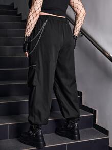 ROMWE Grunge Punk Pantalones cargo con diseño de cadena con bolsillo con cremallera lado - Negro - Ver 2