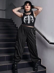 ROMWE Grunge Punk Pantalones cargo con diseño de cadena con bolsillo con cremallera lado - Negro - Ver 3