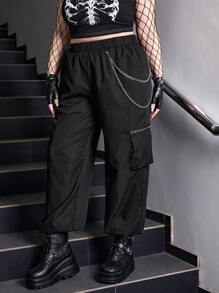 ROMWE Grunge Punk Pantalones cargo con diseño de cadena con bolsillo con cremallera lado - Negro - Ver 4