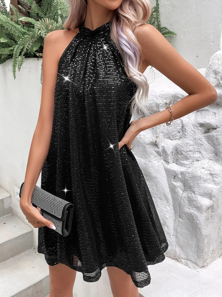 SHEIN Unity Vestido con escote de halter, espalda con abertura y lentejuelas para fiesta de vacaciones - Negro - Añade 1