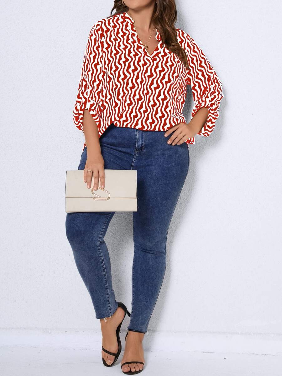 SHEIN LUNE Plus Allover Print Notched Neck Roll Tab Sleeve Blouse - Red and White - View 1