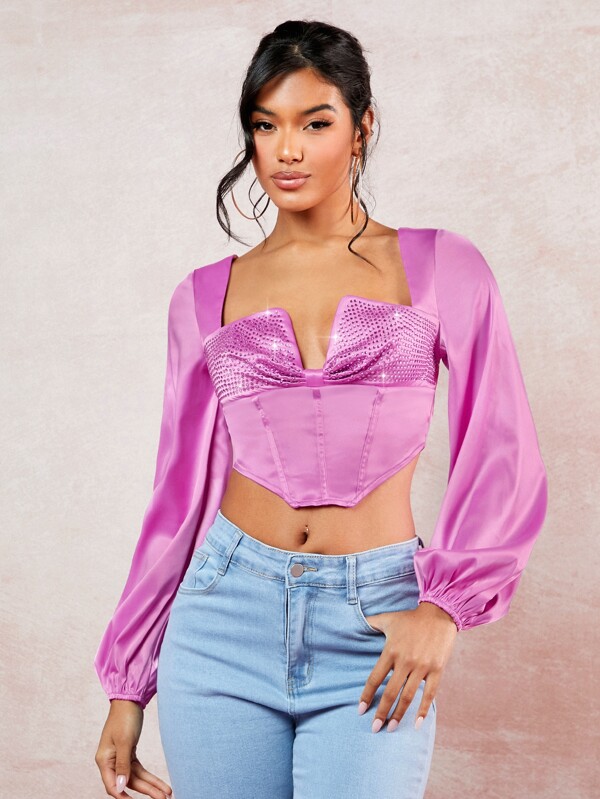 SHEIN BAE Blusa escote corazón de manga farol bajo asimétrico crop de satén