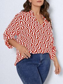 SHEIN LUNE Plus Allover Print Notched Neck Roll Tab Sleeve Blouse - Red and White - View 3