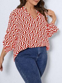 SHEIN LUNE Plus Allover Print Notched Neck Roll Tab Sleeve Blouse - Red and White - View 4