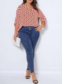SHEIN LUNE Plus Allover Print Notched Neck Roll Tab Sleeve Blouse - Red and White - View 5