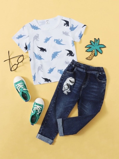 تيشيرت طباعة ديناصور صبي صغير وجينز