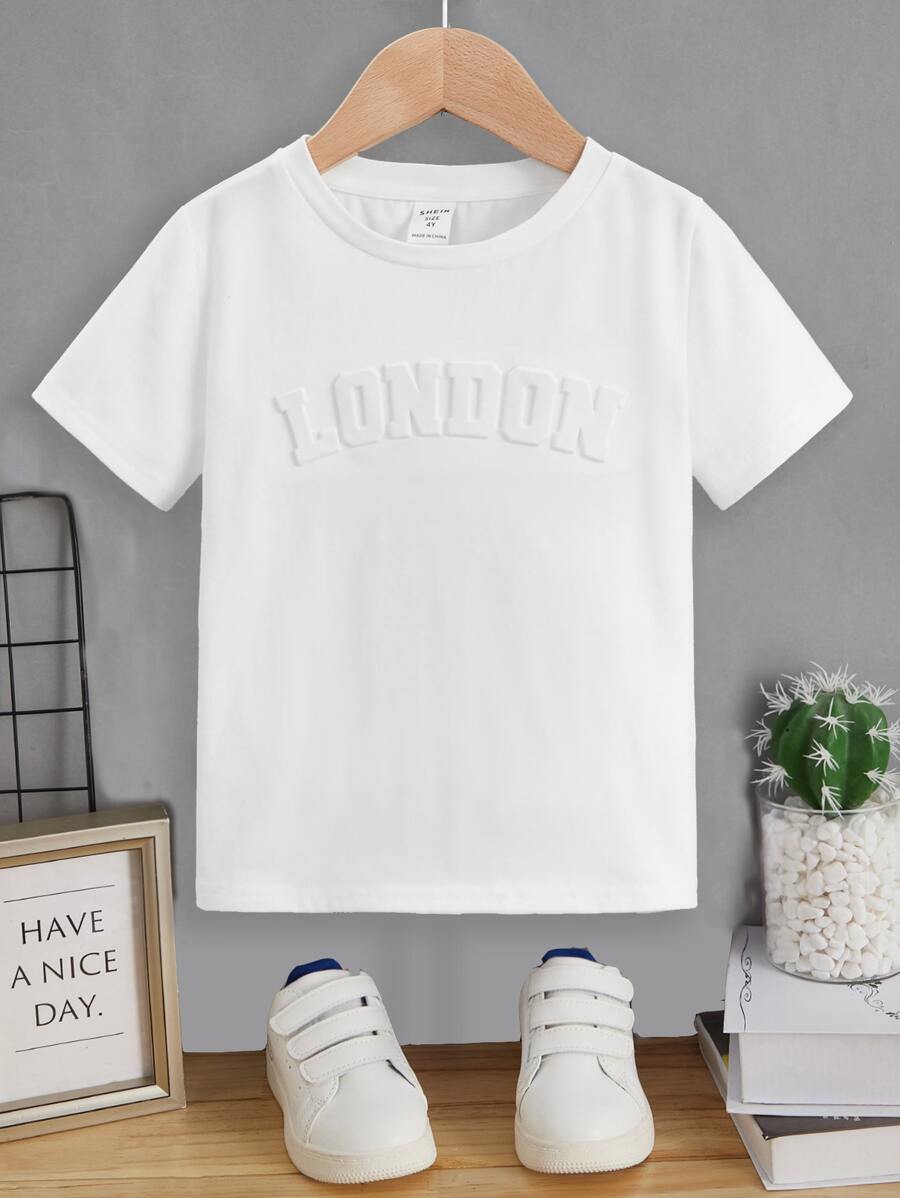 SHEIN Leap Crew Young Boy Casual Round Neck Solid Color 3D Letter Graphic T-Shirt - White - View 1