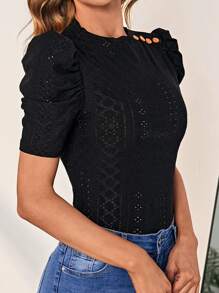 SHEIN Clasi Puff Sleeve Eyelet Embroidery Tee - Black - View 1