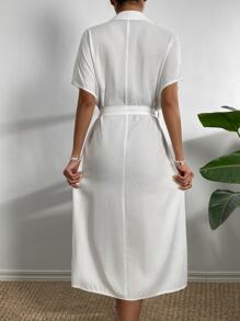 Button Front Belted Kimono - White - View 2