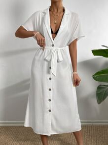 Button Front Belted Kimono - White - View 3
