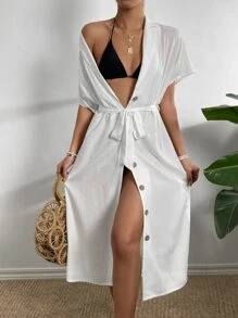Button Front Belted Kimono - White - View 5