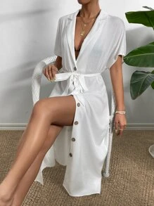 Button Front Belted Kimono - White - View 6