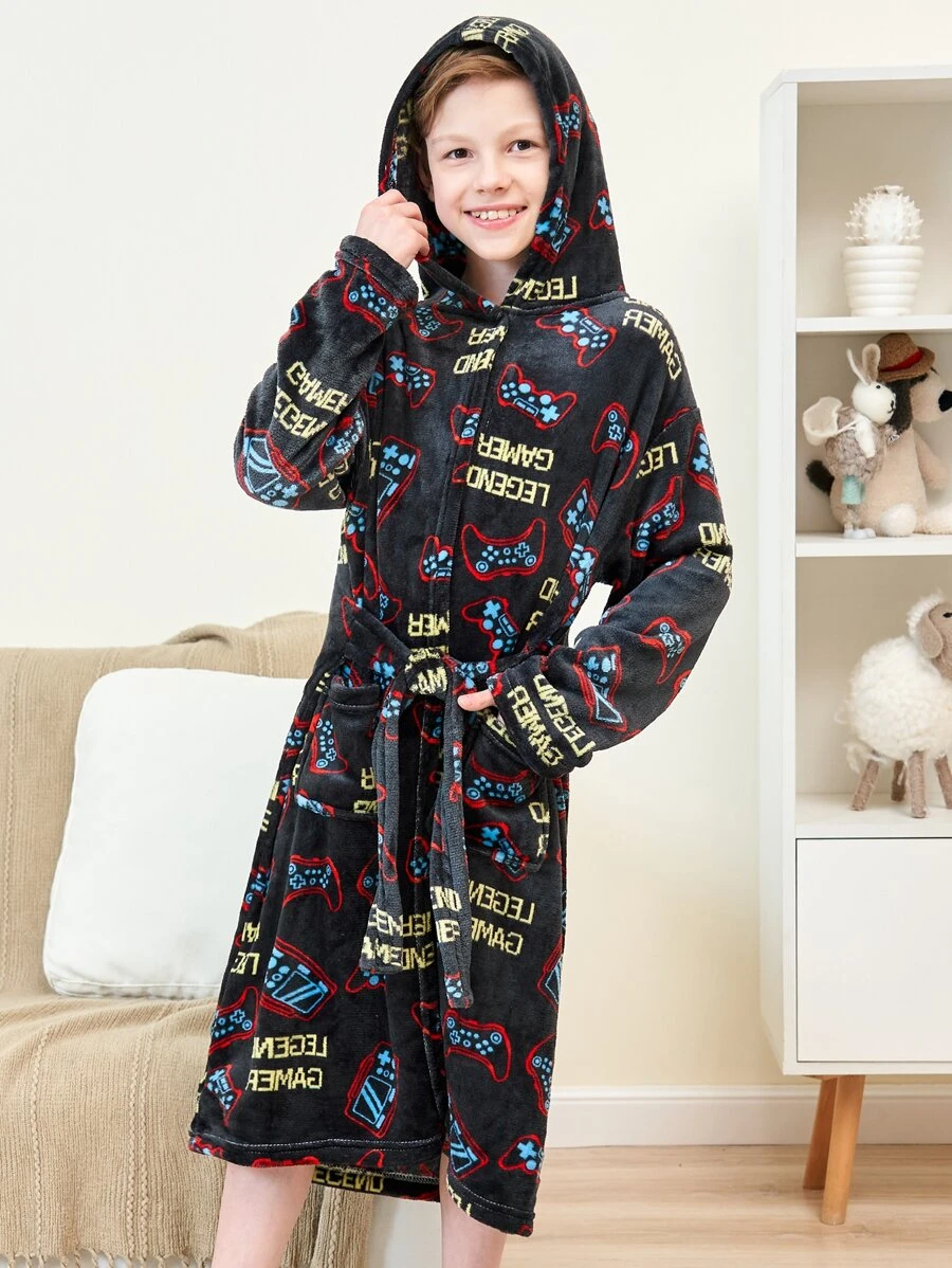 Bata homewear de franela con estampado - Negro - Ver 1