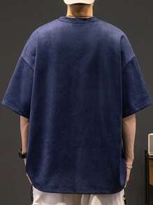1件男士休闲纯色圆领轻薄绒面短袖T恤，夏季 - 藏蓝色 - 查看 2