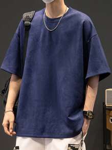 1件男士休闲纯色圆领轻薄绒面短袖T恤，夏季 - 藏蓝色 - 查看 3
