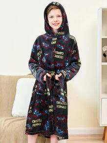 Bata homewear de franela con estampado - Negro - Ver 3